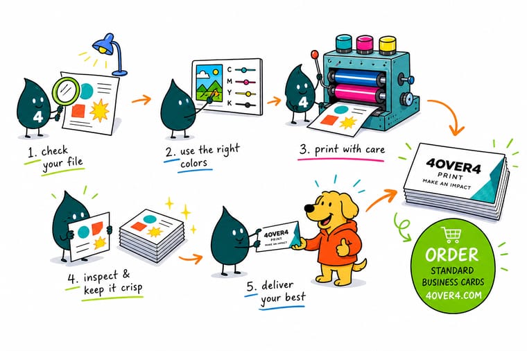 Wally, the 4OVER4 mascot with a 4, holding a magnifying glass over a crisp printed card to check print quality