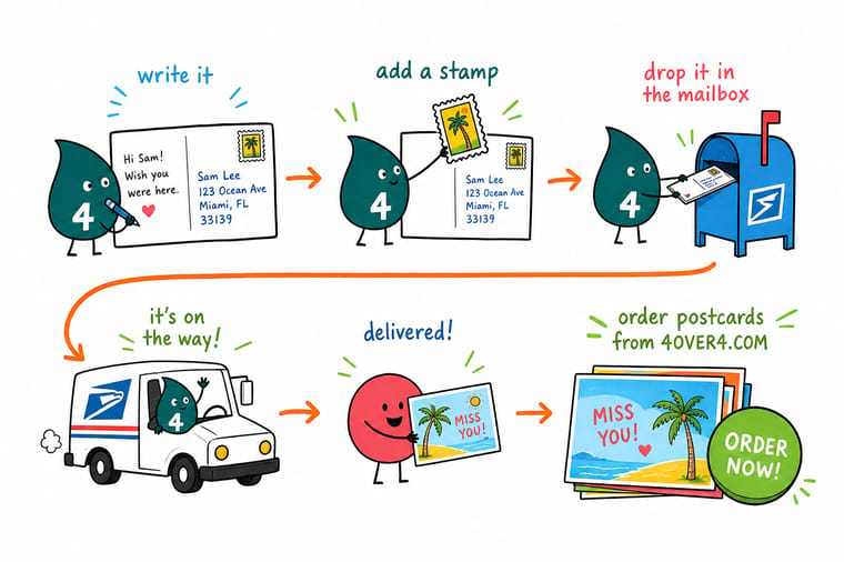 Wally, the 4OVER4 mascot holding a 4, placing a stamp on a postcard with the address on the right and dropping it in a mailbox