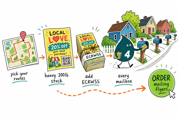 Wally, the 4OVER4 mascot with a 4, dropping a flyer into every mailbox on a neighborhood street