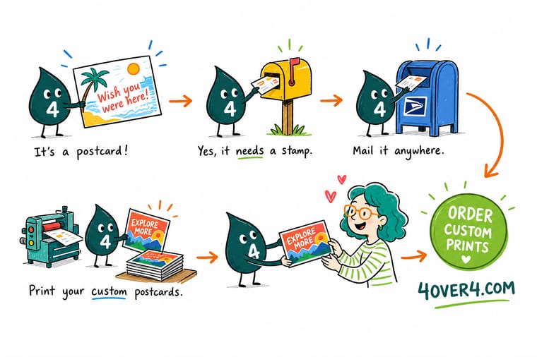 Wally, the 4OVER4 mascot with a 4, sizing a postcard against a ruler and adding a stamp before it goes in the mailbox