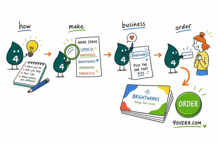 Wally, the 4OVER4 mascot with a 4, holding up a card with a freshly chosen business name