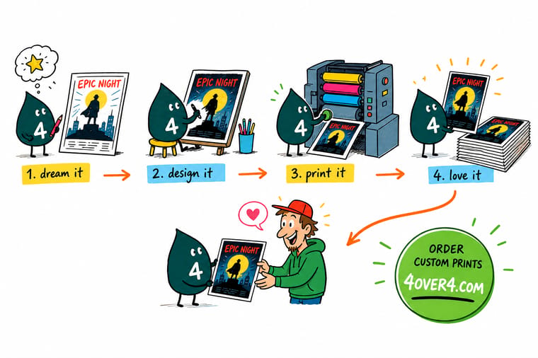 Wally, the 4OVER4 mascot with a 4, laying out a one sheet movie poster with the key art on top, the title in the lower third and the billing block at the base