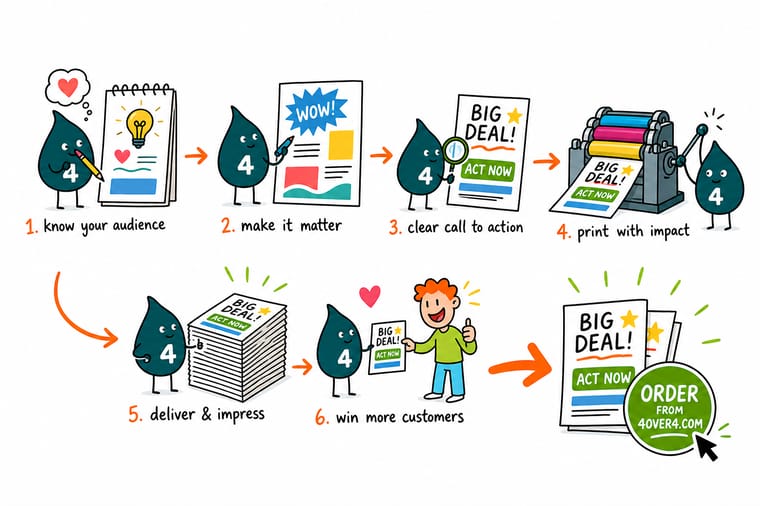 Wally, the 4OVER4 mascot holding a 4, pointing a reader from a bold flyer headline down to a glowing call-to-action button
