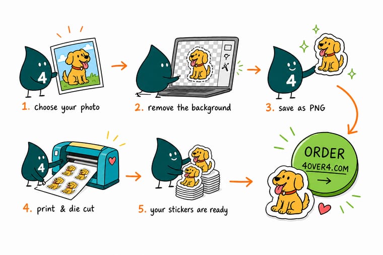 Wally, the 4OVER4 mascot holding a 4, lifting a subject off its background and drawing a cut line around it while an orange arrow points to a green order button
