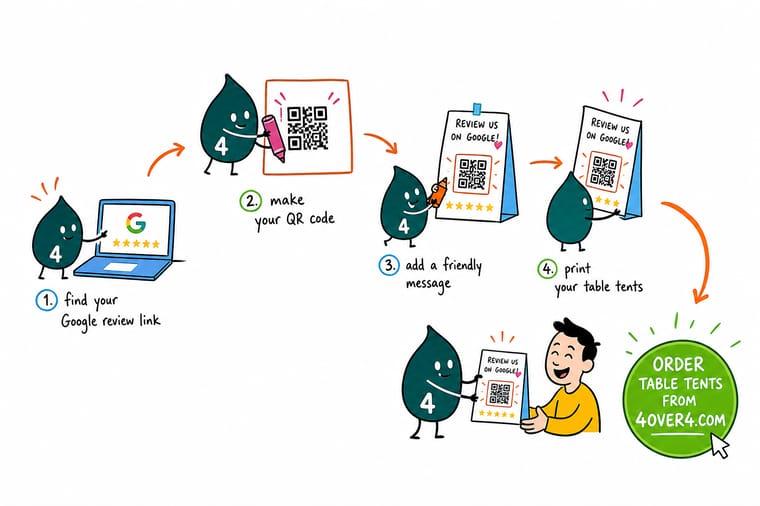Wally, the 4OVER4 mascot holding a 4, turning a Google review link into a QR code printed on a table tent as five stars appear