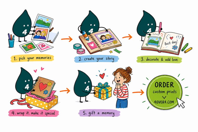 Wally, the 4OVER4 mascot with a 4, showing the five scrapbook gift steps: pick the photos, lay out the pages, decorate, wrap the album, and hand it over as a gift