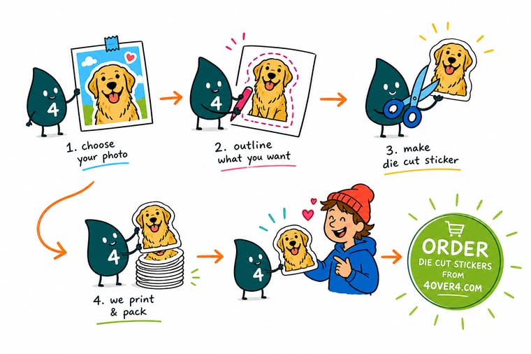 How To Make A Sticker From A Photo Cut To Shape explained by Wally, the 4OVER4 mascot holding a 4