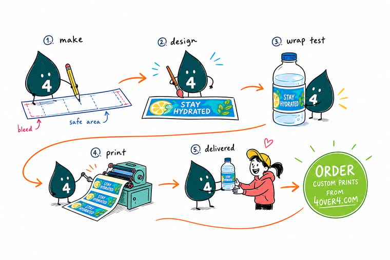 Wally, the 4OVER4 mascot with a 4, wrapping a paper strip around a water bottle to measure it, then drawing the trim, bleed and safe rectangles for the label template