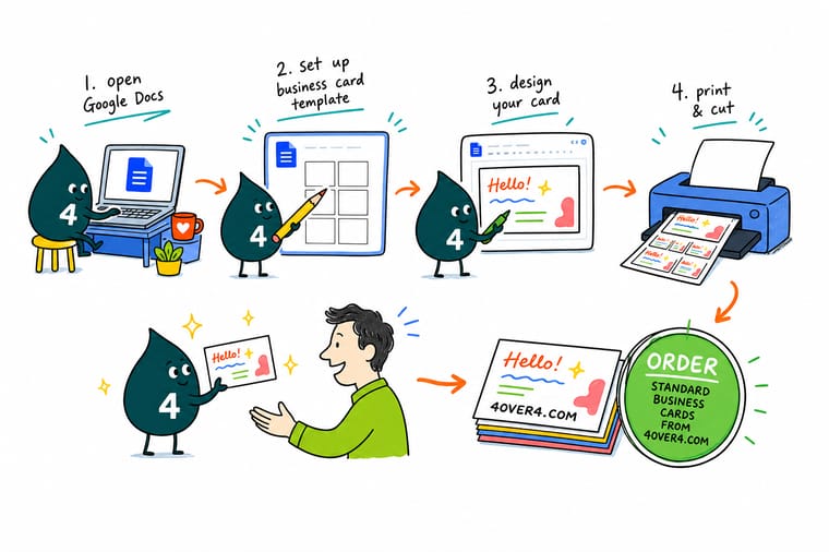 Wally, the 4OVER4 mascot with a 4, laying out a business card on a Google Docs page before sending it to print