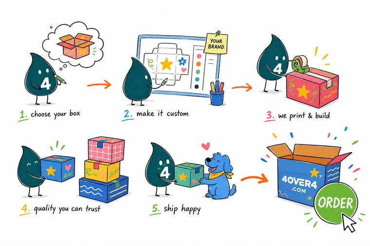 Wally, the 4OVER4 mascot with a 4, packing a branded custom shipping box