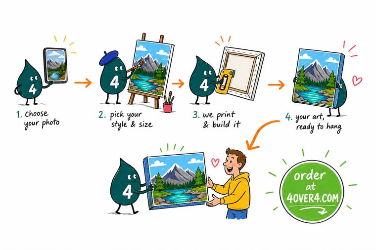 Wally, the 4OVER4 mascot holding a 4, measuring a photo's resolution before printing it as canvas wall art