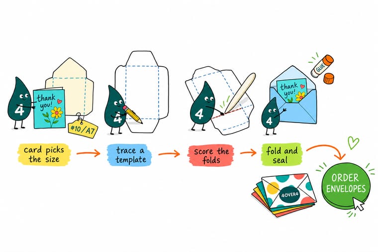 Wally, the 4OVER4 mascot with a 4, folding a sheet of paper into a crisp envelope around a card