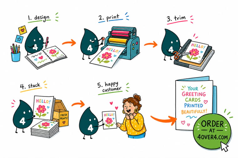 Wally, the 4OVER4 mascot holding a 4, folding a greeting card and adding a soft-touch finish