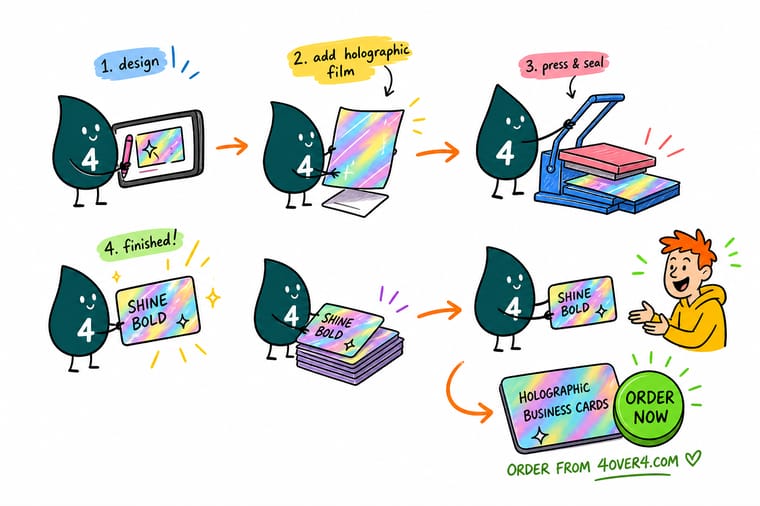 Wally, the 4OVER4 mascot with a 4, tilting a holographic business card so the foil catches the light