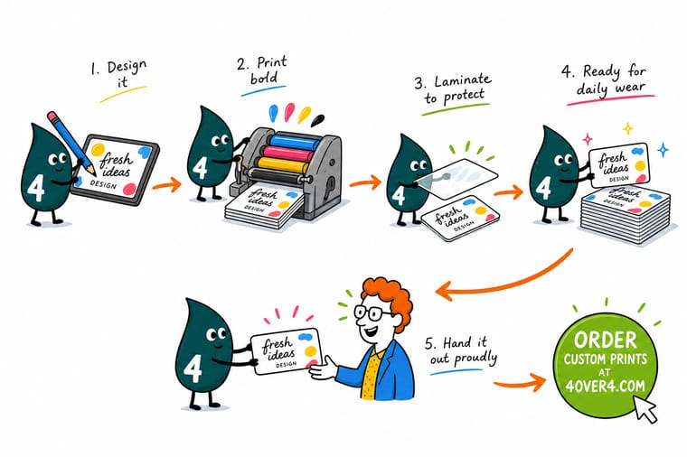 Wally, the 4OVER4 mascot with a 4, holding a laminated business card that catches the light