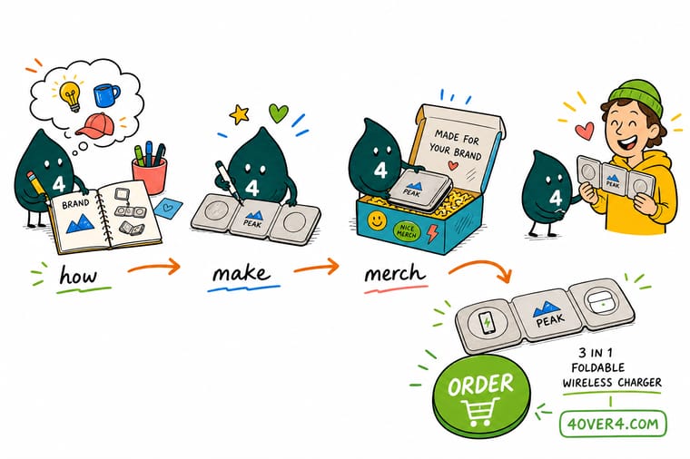 Wally, the 4OVER4 mascot holding a 4, arranging a branded charger, a sticker, and a card into a matching merch line