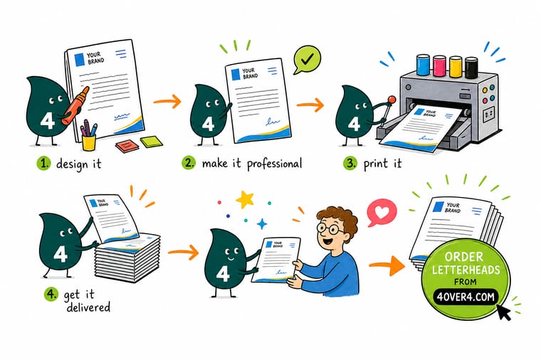 Wally, the 4OVER4 mascot with a 4, presenting a custom letterhead with a logo and contact header built in Microsoft Word