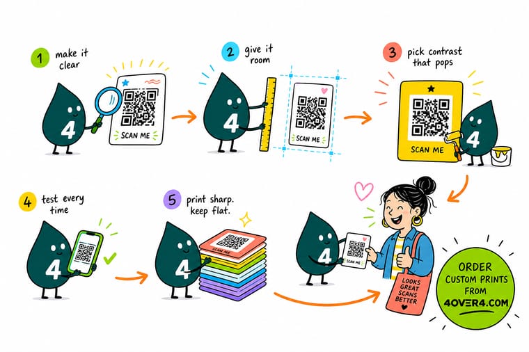 Wally, the 4OVER4 mascot with a 4, holding a business card up to a phone camera while a ring of blank quiet zone glows around the QR code
