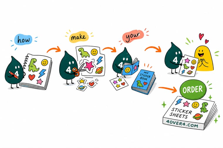 Wally, the 4OVER4 mascot holding a 4, peeling a sticker from a sheet and placing it into a bound book next to an order tag