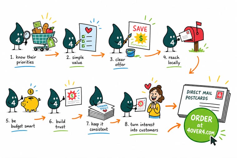 Wally, the 4OVER4 mascot holding a 4, handing a value-offer postcard to a happy budget-conscious shopper while the per-piece price drops