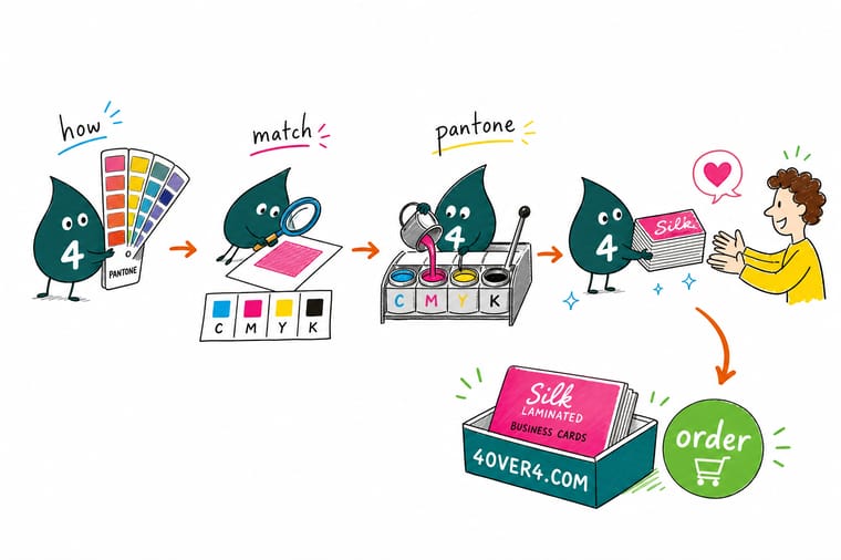Wally, the 4OVER4 mascot with a 4, holding a Pantone chip up to a CMYK color wheel to match them