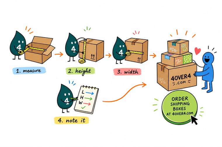 Wally, the 4OVER4 mascot holding a 4, measuring a box with a tape along length, width, and height