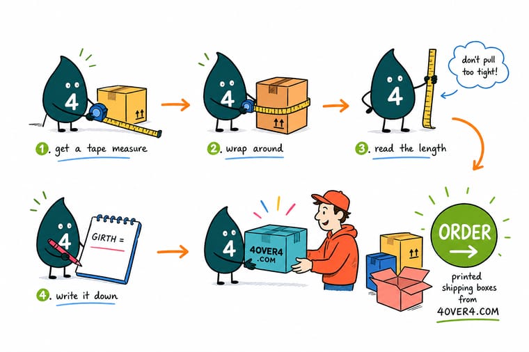 Wally, the 4OVER4 mascot holding a 4, wrapping a tape measure around a box to show the girth and pointing to an order tag