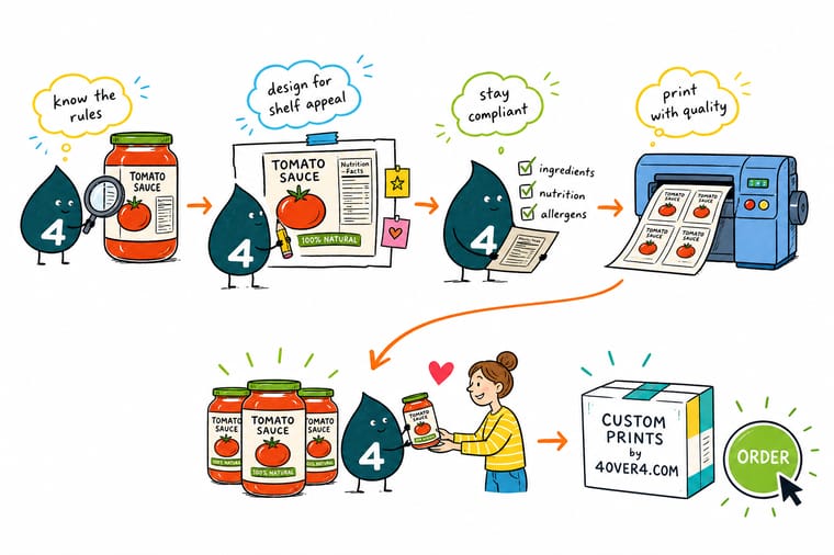 Wally, the 4OVER4 mascot with a 4, holding a sauce jar and pointing at the front panel with three elements while the back panel carries the ingredient list