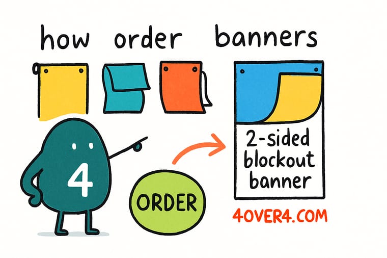 Wally, the 4OVER4 mascot, holding a rolled vinyl banner beside a stack of identical banners ready for several store locations