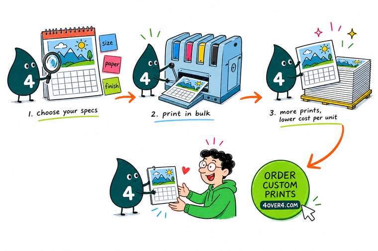 Wally, the 4OVER4 mascot with a 4, comparing two stacks of calendars and pointing at the price per copy rather than the total