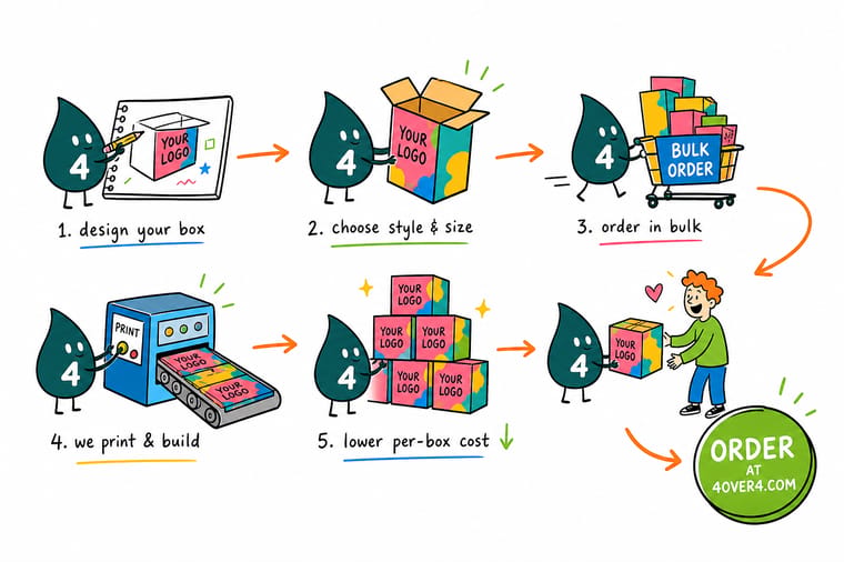 Wally, the 4OVER4 mascot with a 4, weighing a small stack of flat boxes against a warehouse pallet of them to find the quantity that costs least per box