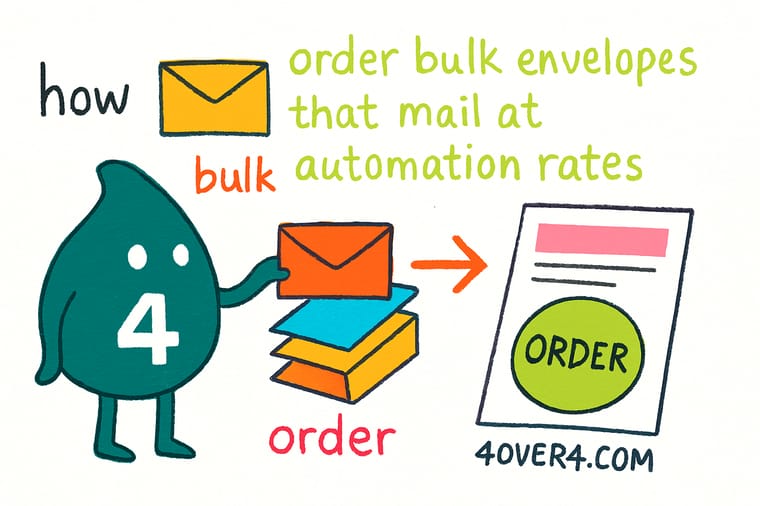 Wally, the 4OVER4 mascot with a 4, holding a #10 envelope and pointing at the empty bottom right corner where the postal barcode has to land