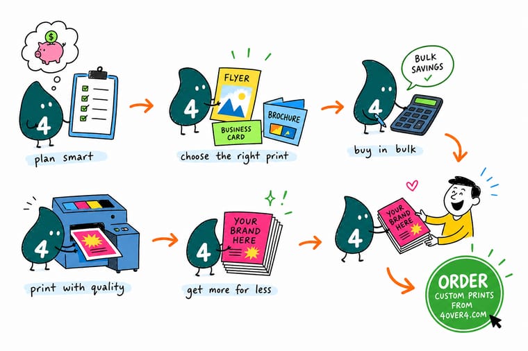 Wally, the 4OVER4 mascot with a 4, weighing a heavy box of buttons against a single cotton tote to show where volume pricing pays