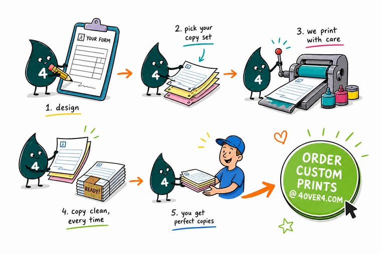 Wally, the 4OVER4 mascot with a 4, pressing a ballpoint onto the white top sheet of a numbered carbonless set while the canary and pink copies fill in underneath