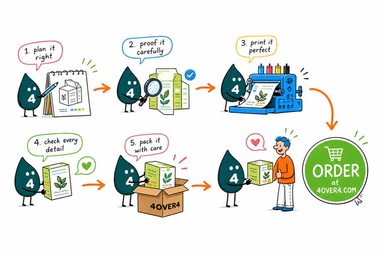 Wally, the 4OVER4 mascot with a 4, laying artwork onto a flat box dieline before folding it into a finished mailer