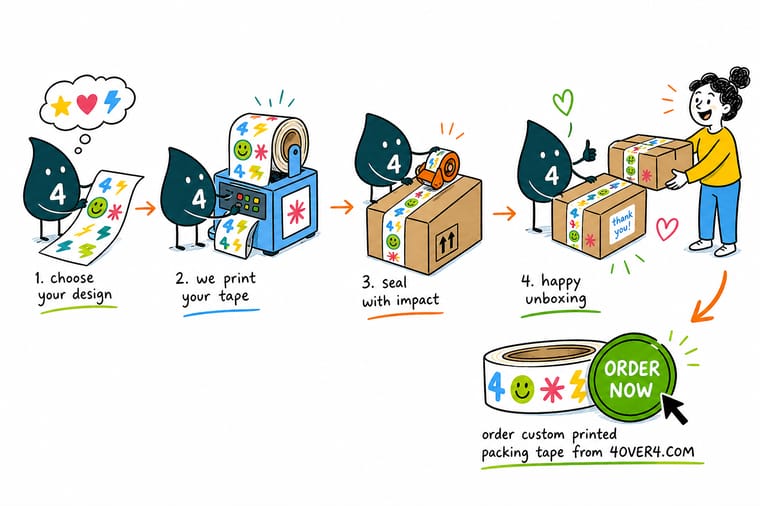 Wally the 4OVER4 mascot holding a 4 and sealing a branded box with custom packing tape, pointing to an order button