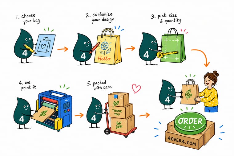 Wally, the 4OVER4 mascot holding a 4, packing an item into a branded kraft bag with matching tissue, tape, and a logo label
