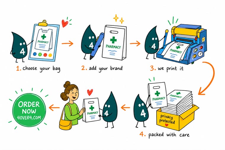 Wally, the 4OVER4 mascot with a 4, holding a plain prescription bag and applying a printed pharmacy label to its flat front panel