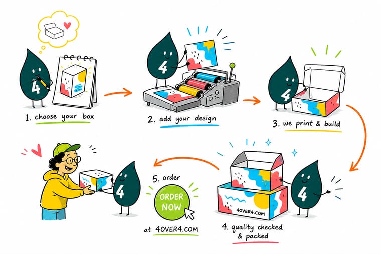 Wally the 4OVER4 mascot holding a 4 and folding a flat dieline into a finished custom printed box, pointing to an order button