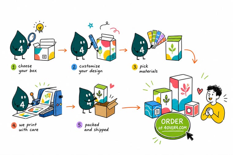 Wally, the 4OVER4 mascot holding a 4, packing a product into a right-sized custom printed box with a logo