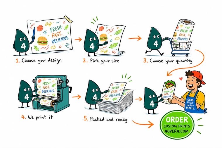 Wally, the 4OVER4 mascot with a 4, wrapping a sandwich in patterned deli paper and sealing the fold with a printed round label