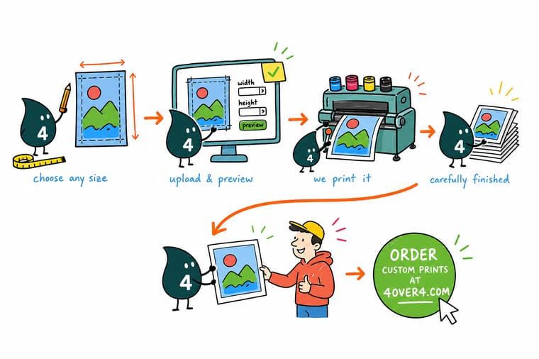 Wally, the 4OVER4 mascot with a 4, holding a tape measure across a poster while the size fields on screen show a custom width and height