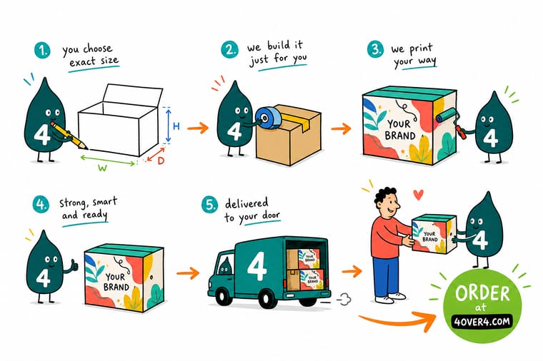 Wally, the 4OVER4 mascot with a 4, holding a tape measure across the inside of an open cardboard box and writing length, width and height on the flap