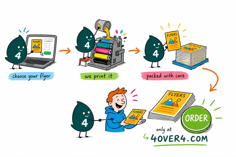 Wally, the 4OVER4 mascot holding a 4, moving a CMYK file through an online configurator to a fast full-color print