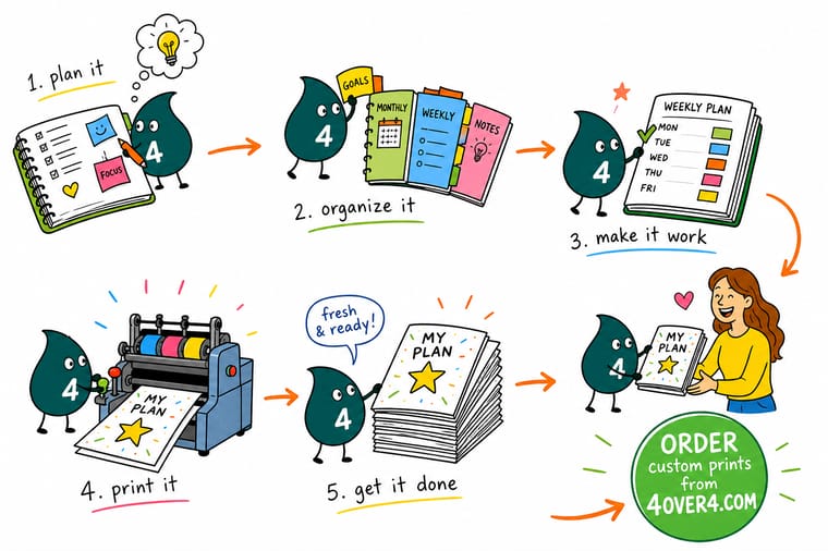 Wally, the 4OVER4 mascot holding a 4, organizing a spiral planner into purpose, monthly, weekly, and notes sections