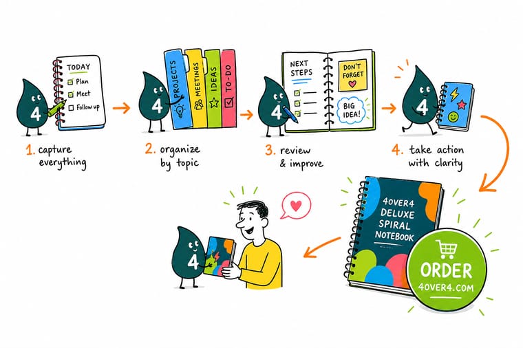 Wally, the 4OVER4 mascot holding a 4, adding page numbers and an index to a spiral notebook to show a simple work-notebook system