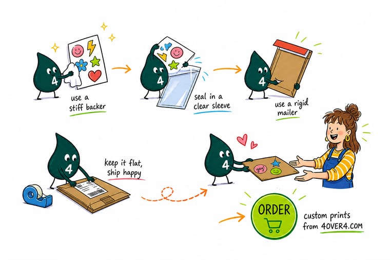 Wally, the 4OVER4 mascot with a 4, mounting a die-cut sticker on a branded backing card, sliding it into a clear sleeve and sealing a flat mailer