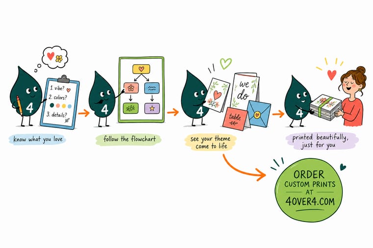 Wally, the 4OVER4 mascot holding a 4, following a wedding theme flowchart and applying one palette across an invitation, a sign, and a menu