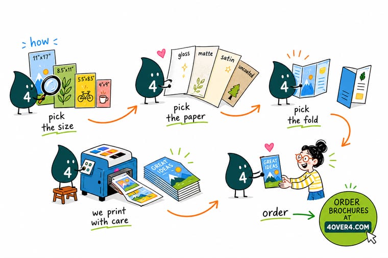 Wally, the 4OVER4 mascot with a 4, matching a trifold brochure to the right paper stock so it folds crisp