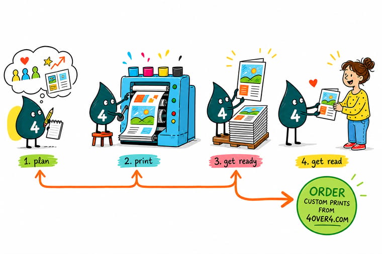 Wally, the 4OVER4 mascot with a 4, folding a printed sheet into three panels and measuring the narrower tuck panel with a ruler